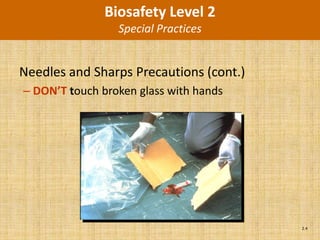 Biosafety Level 2
                 Special Practices


Needles and Sharps Precautions (cont.)
– DON’T touch broken glass with hands




                                         2.4
 