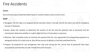 Fire Accidents
Causes
Due to the burning of easily flammable liquids or reactive metals or due to short circuit.
RAMP
 Recognize: The first step is to recognize the fire and alert others in the lab. Pull the fire alarm and call for emergency
services, if necessary.
 Assess: Assess the situation to determine the severity of the fire and the potential risks to personnel and the
environment. Determine whether it is safe to fight the fire or if evacuation is necessary.
 Minimize: Take immediate action to minimize the spread of the fire. Use appropriate fire extinguishing equipment to
extinguish the fire if it is safe to do so. Shut off any sources of ignition or fuel that could feed the fire.
 Prepare: Be prepared for any emergencies that may arise during the fire. Ensure that all personnel have been
accounted for and that they are safe. Provide first aid if necessary.
 