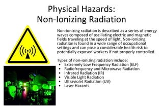 Physical Hazards:
Non-Ionizing Radiation
Non-ionizing radiation is described as a series of energy
waves composed of oscillating electric and magnetic
fields traveling at the speed of light. Non-ionizing
radiation is found in a wide range of occupational
settings and can pose a considerable health risk to
potentially exposed workers if not properly controlled.
Types of non-ionizing radiation include:
• Extremely Low Frequency Radiation (ELF)
• Radiofrequency and Microwave Radiation
• Infrared Radiation (IR)
• Visible Light Radiation
• Ultraviolet Radiation (UV)
• Laser Hazards
 