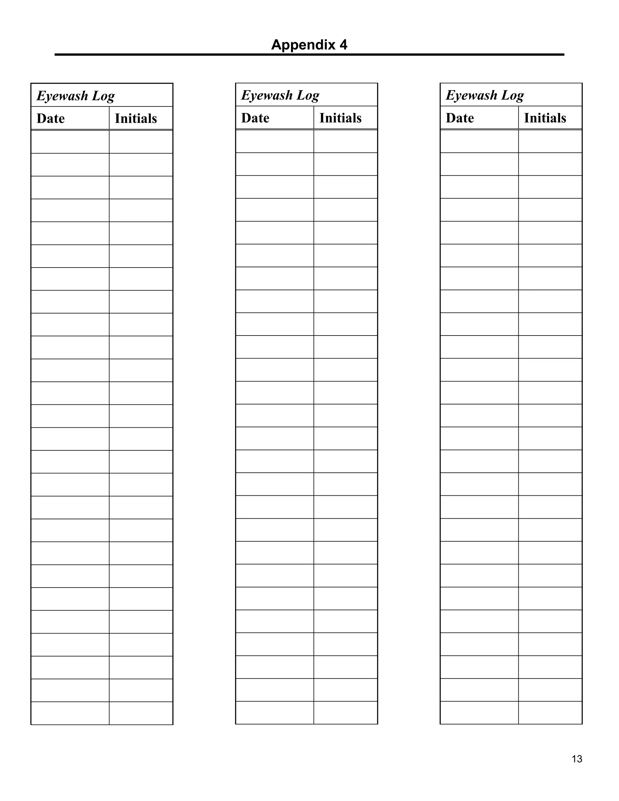 Appendix 4
13
Eyewash Log
Date Initials
Eyewash Log
Date Initials
Eyewash Log
Date Initials
 