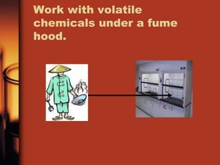Work with volatile 
chemicals under a fume 
hood. 
 