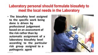 Laboratory personal should formulate biosafety to
meet the local needs in the Laboratory
• The biosafety level assigned
to the specific work being
done is driven by
professional judgement
based on an assessment of
the risk rather than by
automatic assignment of a
laboratory biosafety level
according to the particular
risk group assigned to a
pathogenic agent
3/30/2018 Dr.T.V.Rao MD 10
 
