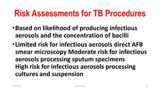 Risk Assessments for TB Procedures
•Based on likelihood of producing infectious
aerosols and the concentration of bacilli
•Limited risk for infectious aerosols direct AFB
smear microscopy Moderate risk for infectious
aerosols processing sputum specimens
High risk for infectious aerosols processing
cultures and suspension
3/30/2018 Dr.T.V.Rao MD 17
 