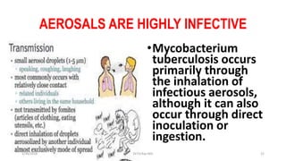 AEROSALS ARE HIGHLY INFECTIVE
•Mycobacterium
tuberculosis occurs
primarily through
the inhalation of
infectious aerosols,
although it can also
occur through direct
inoculation or
ingestion.
3/30/2018 Dr.T.V.Rao MD 22
 