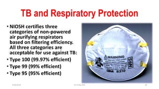 TB and Respiratory Protection
• NIOSH certifies three
categories of non-powered
air purifying respirators
based on filtering efficiency.
All three categories are
acceptable for use against TB:
• Type 100 (99.97% efficient)
• Type 99 (99% efficient)
• Type 95 (95% efficient)
3/30/2018 Dr.T.V.Rao MD 28
 