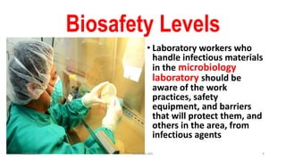 Biosafety Levels
• Laboratory workers who
handle infectious materials
in the microbiology
laboratory should be
aware of the work
practices, safety
equipment, and barriers
that will protect them, and
others in the area, from
infectious agents
3/30/2018 Dr.T.V.Rao MD 6
 