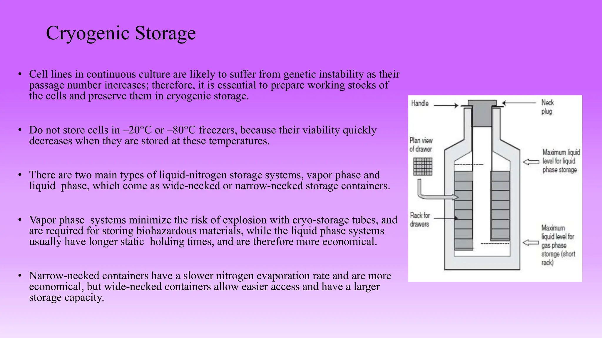 Cryogenic Storage
• Cell lines in continuous culture are likely to suffer from genetic instability as their
passage number increases; therefore, it is essential to prepare working stocks of
the cells and preserve them in cryogenic storage.
• Do not store cells in –20°C or –80°C freezers, because their viability quickly
decreases when they are stored at these temperatures.
• There are two main types of liquid-nitrogen storage systems, vapor phase and
liquid phase, which come as wide-necked or narrow-necked storage containers.
• Vapor phase systems minimize the risk of explosion with cryo-storage tubes, and
are required for storing biohazardous materials, while the liquid phase systems
usually have longer static holding times, and are therefore more economical.
• Narrow-necked containers have a slower nitrogen evaporation rate and are more
economical, but wide-necked containers allow easier access and have a larger
storage capacity.
 