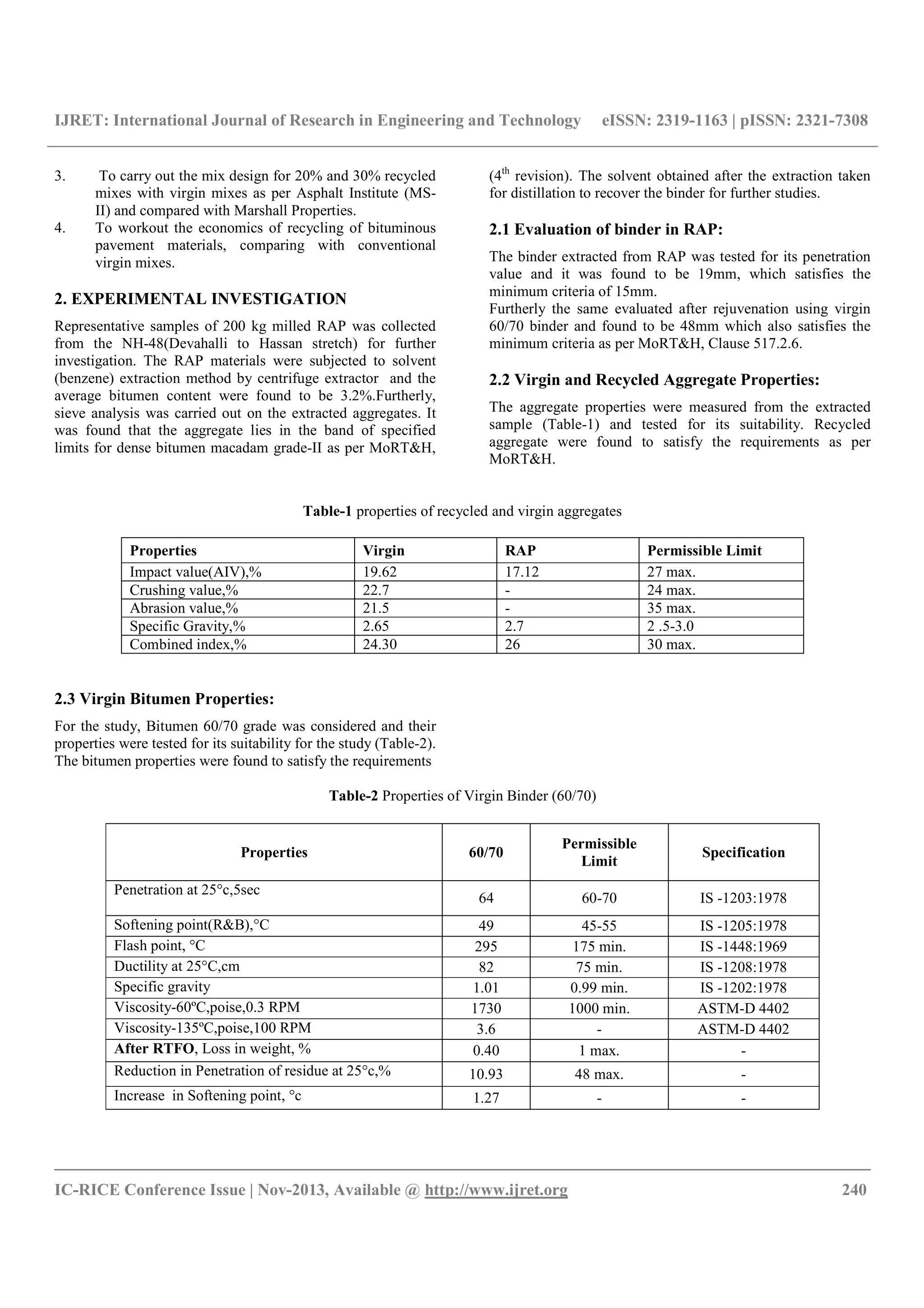 IJRET: International Journal of Research in Engineering and Technology eISSN: 2319-1163 | pISSN: 2321-7308
__________________________________________________________________________________________
IC-RICE Conference Issue | Nov-2013, Available @ http://www.ijret.org 240
3. To carry out the mix design for 20% and 30% recycled
mixes with virgin mixes as per Asphalt Institute (MS-
II) and compared with Marshall Properties.
4. To workout the economics of recycling of bituminous
pavement materials, comparing with conventional
virgin mixes.
2. EXPERIMENTAL INVESTIGATION
Representative samples of 200 kg milled RAP was collected
from the NH-48(Devahalli to Hassan stretch) for further
investigation. The RAP materials were subjected to solvent
(benzene) extraction method by centrifuge extractor and the
average bitumen content were found to be 3.2%.Furtherly,
sieve analysis was carried out on the extracted aggregates. It
was found that the aggregate lies in the band of specified
limits for dense bitumen macadam grade-II as per MoRT&H,
(4th
revision). The solvent obtained after the extraction taken
for distillation to recover the binder for further studies.
2.1 Evaluation of binder in RAP:
The binder extracted from RAP was tested for its penetration
value and it was found to be 19mm, which satisfies the
minimum criteria of 15mm.
Furtherly the same evaluated after rejuvenation using virgin
60/70 binder and found to be 48mm which also satisfies the
minimum criteria as per MoRT&H, Clause 517.2.6.
2.2 Virgin and Recycled Aggregate Properties:
The aggregate properties were measured from the extracted
sample (Table-1) and tested for its suitability. Recycled
aggregate were found to satisfy the requirements as per
MoRT&H.
Table-1 properties of recycled and virgin aggregates
Properties Virgin RAP Permissible Limit
Impact value(AIV),% 19.62 17.12 27 max.
Crushing value,% 22.7 - 24 max.
Abrasion value,% 21.5 - 35 max.
Specific Gravity,% 2.65 2.7 2 .5-3.0
Combined index,% 24.30 26 30 max.
2.3 Virgin Bitumen Properties:
For the study, Bitumen 60/70 grade was considered and their
properties were tested for its suitability for the study (Table-2).
The bitumen properties were found to satisfy the requirements
Table-2 Properties of Virgin Binder (60/70)
Properties 60/70
Permissible
Limit
Specification
Penetration at 25°c,5sec
64 60-70 IS -1203:1978
Softening point(R&B),°C 49 45-55 IS -1205:1978
Flash point, °C 295 175 min. IS -1448:1969
Ductility at 25°C,cm 82 75 min. IS -1208:1978
Specific gravity 1.01 0.99 min. IS -1202:1978
Viscosity-60ºC,poise,0.3 RPM 1730 1000 min. ASTM-D 4402
Viscosity-135ºC,poise,100 RPM 3.6 - ASTM-D 4402
After RTFO, Loss in weight, % 0.40 1 max. -
Reduction in Penetration of residue at 25°c,% 10.93 48 max. -
Increase in Softening point, °c 1.27 - -
 