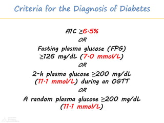 A1C ≥6.5%
OR
Fasting plasma glucose (FPG)
≥126 mg/dL (7.0 mmol/L)
OR
2-h plasma glucose ≥200 mg/dL
(11.1 mmol/L) during an OGTT
OR
A random plasma glucose ≥200 mg/dL
(11.1 mmol/L)
Criteria for the Diagnosis of Diabetes
ADA. I. Classification and Diagnosis. Diabetes Care 2012;35(suppl 1):S12. Table 2.
 
