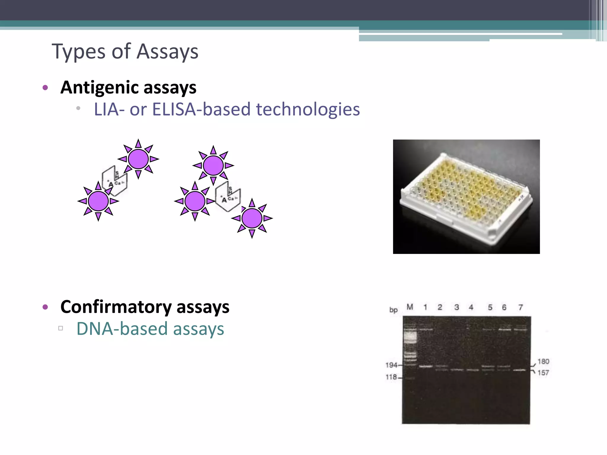 11

Types of Assays
• Antigenic assays
 LIA- or ELISA-based technologies

• Confirmatory assays
▫ DNA-based assays

 