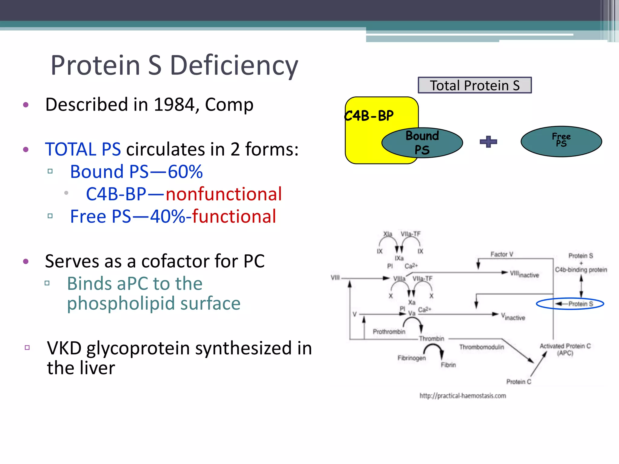 20

Protein S Deficiency
• Described in 1984, Comp

• TOTAL PS circulates in 2 forms:
▫ Bound PS—60%
 C4B-BP—nonfunctional
▫ Free PS—40%-functional
• Serves as a cofactor for PC
▫ Binds aPC to the
phospholipid surface
▫ VKD glycoprotein synthesized in
the liver

Total Protein S
C4B-BP
Bound
PS

Free
PS

 