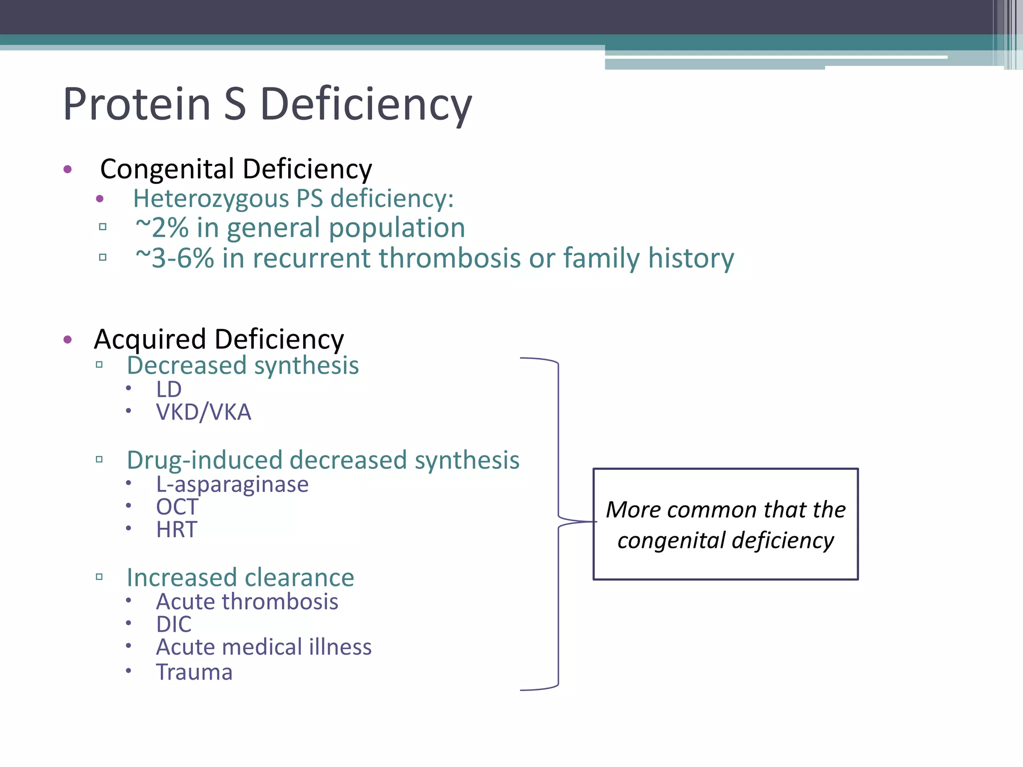 21

Protein S Deficiency
• Congenital Deficiency

• Heterozygous PS deficiency:

▫ ~2% in general population
▫ ~3-6% in recurrent thrombosis or family history

• Acquired Deficiency

▫ Decreased synthesis
 LD
 VKD/VKA

▫ Drug-induced decreased synthesis
 L-asparaginase
 OCT
 HRT

▫ Increased clearance





Acute thrombosis
DIC
Acute medical illness
Trauma

More common that the
congenital deficiency

 