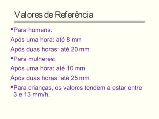 ValoresdeReferência
Para homens:
Após uma hora: até 8 mm
Após duas horas: até 20 mm
Para mulheres:
Após uma hora: até 10 mm
Após duas horas: até 25 mm
Para crianças, os valores tendem a estar entre
3 e 13 mm/h.
 
