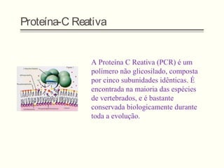Proteína-C Reativa
A Proteína C Reativa (PCR) é um
polímero não glicosilado, composta
por cinco subunidades idênticas. É
encontrada na maioria das espécies
de vertebrados, e é bastante
conservada biologicamente durante
toda a evolução.
 