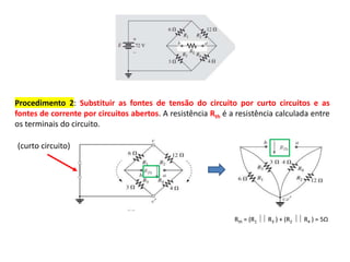 Procedimento 2: Substituir as fontes de tensão do circuito por curto circuitos e as
fontes de corrente por circuitos abertos. A resistência Rth é a resistência calculada entre
os terminais do circuito.
Rth = (R1  R3 ) + (R2  R4 ) = 5Ω
(curto circuito)
 