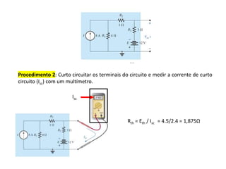 Procedimento 2: Curto circuitar os terminais do circuito e medir a corrente de curto
circuito (Isc) com um multímetro.
Isc
Rth = Eth / Isc = 4.5/2.4 = 1,875Ω
 