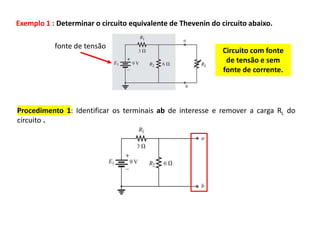Exemplo 1 : Determinar o circuito equivalente de Thevenin do circuito abaixo.
Procedimento 1: Identificar os terminais ab de interesse e remover a carga RL do
circuito .
Circuito com fonte
de tensão e sem
fonte de corrente.
fonte de tensão
 