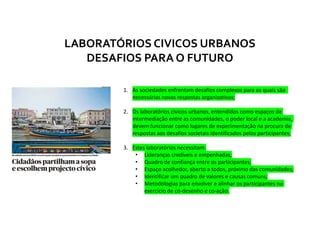 1. As sociedades enfrentam desafios complexos para os quais são
necessárias novas respostas organizativas;
2. Os laboratórios cívicos urbanos, entendidos como espaços de
intermediação entre as comunidades, o poder local e a academia,
devem funcionar como lugares de experimentação na procura de
respostas aos desafios societais identificados pelos participantes;
3. Estes laboratórios necessitam:
• Lideranças credíveis e empenhadas;
• Quadro de confiança entre os participantes;
• Espaço acolhedor, aberto a todos, próximo das comunidades;
• Identificar um quadro de valores e causas comuns;
• Metodologias para envolver e alinhar os participantes no
exercício de co-desenho e co-ação.
LABORATÓRIOS CIVICOS URBANOS
DESAFIOS PARA O FUTURO
 