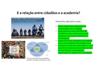 E a relação entre cidadãos e a academia?
Entretanto, algo está a mudar…
• Novas relações de cooperação da
universidade com as regiões;
• Surgimento de novas interfaces de
transferência de conhecimento para
empresas e autarquias (Plataformas
Tecnológicas)
• Ensaio de formas inovadoras de trabalho
com a comunidade (universidade cívica)
• A terceira missão da universidade ou uma
nova forma integrada de entender as três
missões (ensino, investigação e
cooperação) na relação com a sociedade;
The Civic University (Source: Goddard,
Hazelkorn, Kempton andVallance, 2016)
 