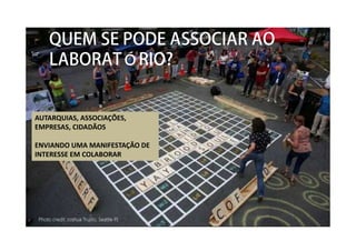 QUEM SE PODE ASSOCIAR AO
LABORATÓRIO?
AUTARQUIAS, ASSOCIAÇÕES,
EMPRESAS, CIDADÃOS
ENVIANDO UMA MANIFESTAÇÃO DE
INTERESSE EM COLABORAR
 