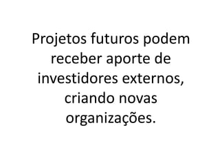 Projetos futuros podem
receber aporte de
investidores externos,
criando novas
organizações.
 