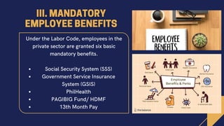 Social Security System (SSS)
Government Service Insurance
System (GSIS)
PhilHealth
PAGIBIG Fund/ HDMF
13th Month Pay
Under the Labor Code, employees in the
private sector are granted six basic
mandatory benefits.
 