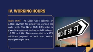 Night Shifts: The Labor Code specifies an
added payment for employees working the
night shift. The Night Shift Differential is
given to employees working a shift between
10 PM to 6 AM. They are entitled to a 10%
additional payment for each hour worked
during the night shift.
 