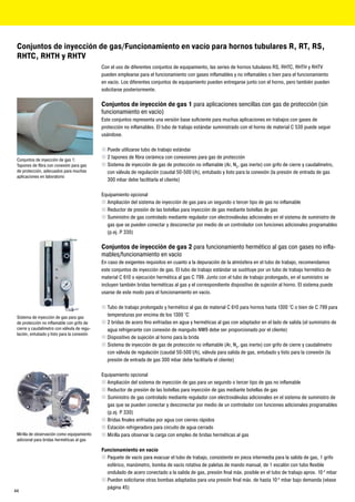 Conjuntos de inyección de gas/Funcionamiento en vacío para hornos tubulares R, RT, RS,
 RHTC, RHTH y RHTV
                                              Con el uso de diferentes conjuntos de equipamiento, las series de hornos tubulares RS, RHTC, RHTH y RHTV
                                              pueden emplearse para el funcionamiento con gases inflamables y no inflamables o bien para el funcionamiento
                                              en vacío. Los diferentes conjuntos de equipamiento pueden entregarse junto con el horno, pero también pueden
                                              solicitarse posteriormente.

                                              Conjuntos de inyección de gas 1 para aplicaciones sencillas con gas de protección (sin
                                              funcionamiento en vacío)
                                              Este conjuntos representa una versión base suficiente para muchas aplicaciones en trabajos con gases de
                                              protección no inflamables. El tubo de trabajo estándar suministrado con el horno de material C 530 puede seguir
                                              usándose.

                                              „ Puede utilizarse tubo de trabajo estándar
 Conjuntos de inyección de gas 1:
                                              „ 2 tapones de fibra cerámica con conexiones para gas de protección
 Tapones de fibra con conexión para gas       „ Sistema de inyección de gas de protección no inflamable (Ar, N2, gas inerte) con grifo de cierre y caudalímetro,
 de protección, adecuados para muchas           con válvula de regulación (caudal 50-500 l/h), entubado y listo para la conexión (la presión de entrada de gas
 aplicaciones en laboratorio
                                                300 mbar debe facilitarla el cliente)

                                              Equipamiento opcional
                                              „ Ampliación del sistema de inyección de gas para un segundo o tercer tipo de gas no inflamable
                                              „ Reductor de presión de las botellas para inyección de gas mediante botellas de gas
                                              „ Suministro de gas controlado mediante regulador con electroválvulas adicionales en el sistema de suministro de
                                                gas que se pueden conectar y desconectar por medio de un controlador con funciones adicionales programables
                                                (p.ej. P 330)

                                              Conjuntos de inyección de gas 2 para funcionamiento hermético al gas con gases no infla-
                                              mables/funcionamiento en vacío
                                              En caso de exigentes requisitos en cuanto a la depuración de la atmósfera en el tubo de trabajo, recomendamos
                                              este conjuntos de inyección de gas. El tubo de trabajo estándar se sustituye por un tubo de trabajo hermético de
                                              material C 610 o ejecución hermética al gas C 799. Junto con el tubo de trabajo prolongado, en el suministro se
                                              incluyen también bridas herméticas al gas y el correspondiente dispositivo de sujeción al horno. El sistema puede
                                              usarse de este modo para el funcionamiento en vacío.

                                              „ Tubo de trabajo prolongado y hermético al gas de material C 610 para hornos hasta 1300 °C o bien de C 799 para
 Sistema de inyección de gas para gas
                                                temperaturas por encima de los 1300 °C
 de protección no inflamable con grifo de     „ 2 bridas de acero fino enfriadas en agua y herméticas al gas con adaptador en el lado de salida (el suministro de
 cierre y caudalímetro con válvula de regu-     agua refrigerante con conexión de manguito NW9 debe ser proporcionado por el cliente)
 lación, entubado y listo para la conexión
                                              „ Dispositivo de sujeción al horno para la brida
                                              „ Sistema de inyección de gas de protección no inflamable (Ar, N2, gas inerte) con grifo de cierre y caudalímetro
                                                con válvula de regulación (caudal 50-500 l/h), válvula para salida de gas, entubado y listo para la conexión (la
                                                presión de entrada de gas 300 mbar debe facilitarla el cliente)

                                              Equipamiento opcional
                                              „ Ampliación del sistema de inyección de gas para un segundo o tercer tipo de gas no inflamable
                                              „ Reductor de presión de las botellas para inyección de gas mediante botellas de gas
                                              „ Suministro de gas controlado mediante regulador con electroválvulas adicionales en el sistema de suministro de
                                                gas que se pueden conectar y desconectar por medio de un controlador con funciones adicionales programables
                                                (p.ej. P 330)
                                              „ Bridas finales enfriadas por agua con cierres rápidos
                                              „ Estación refrigeradora para circuito de agua cerrado
 Mirilla de observación como equipamiento     „ Mirilla para observar la carga con empleo de bridas herméticas al gas
 adicional para bridas herméticas al gas

                                              Funcionamiento en vacío
                                              „ Paquete de vacío para evacuar el tubo de trabajo, consistente en pieza intermedia para la salida de gas, 1 grifo
                                                esférico, manómetro, bomba de vacío rotativa de paletas de mando manual, de 1 escalón con tubo flexible
                                                ondulado de acero conectado a la salida de gas, presión final máx. posible en el tubo de trabajo aprox. 10-2 mbar
                                              „ Pueden solicitarse otras bombas adaptadas para una presión final máx. de hasta 10-5 mbar bajo demanda (véase
                                                página 45)
44
 