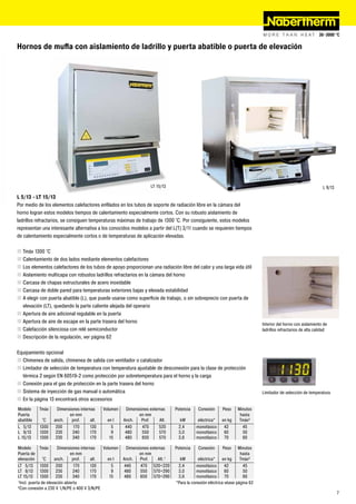 Hornos de mufla con aislamiento de ladrillo y puerta abatible o puerta de elevación




                                                                      LT 15/13                                                                                    L 9/13

L 5/13 - LT 15/13
Por medio de los elementos calefactores enfilados en los tubos de soporte de radiación libre en la cámara del
horno logran estos modelos tiempos de calentamiento especialmente cortos. Con su robusto aislamiento de
ladrillos refractarios, se consiguen temperaturas máximas de trabajo de 1300 °C. Por consiguiente, estos modelos
representan una interesante alternativa a los conocidos modelos a partir del L(T) 3/11 cuando se requieren tiempos
de calentamiento especialmente cortos o de temperaturas de aplicación elevadas.

„ Tmáx 1300 °C
„ Calentamiento de dos lados mediante elementos calefactores
„ Los elementos calefactores de los tubos de apoyo proporcionan una radiación libre del calor y una larga vida útil
„ Aislamiento multicapa con robustos ladrillos refractarios en la cámara del horno
„ Carcasa de chapas estructurales de acero inoxidable
„ Carcasa de doble pared para temperaturas exteriores bajas y elevada estabilidad
„ A elegir con puerta abatible (L), que puede usarse como superficie de trabajo, o sin sobreprecio con puerta de
  elevación (LT), quedando la parte caliente alejada del operario
„ Apertura de aire adicional regulable en la puerta
„ Apertura de aire de escape en la parte trasera del horno                                                                     Interior del horno con aislamiento de
„ Calefacción silenciosa con relé semiconductor                                                                                ladrillos refractarios de alta calidad
„ Descripción de la regulación, ver página 62

Equipamiento opcional
„ Chimenea de salida, chimenea de salida con ventilador o catalizador
„ Limitador de selección de temperatura con temperatura ajustable de desconexión para la clase de protección
  térmica 2 según EN 60519-2 como protección por sobretemperatura para el horno y la carga
„ Conexión para el gas de protección en la parte trasera del horno
„ Sistema de inyección de gas manual o automática                                                                              Limitador de selección de temperatura
„ En la página 13 encontrará otros accesorios
Modelo     Tmáx      Dimensiones internas     Volumen    Dimensiones externas    Potencia    Conexión     Peso     Minutos
Puerta                     en mm                               en mm                                                hasta
abatible    °C     anch.    prof.      alt.     en l    Anch.    Prof.    Alt.     kW       eléctrica*    en kg     Tmáx²
L 5/13     1300     200      170      130         5      440     470      520     2,4       monofásico     42        45
L 9/13     1300     230      240      170         9      480     550      570     3,0       monofásico     60        50
L 15/13    1300     230      340      170        15      480     650      570     3,6       monofásico     70        60

Modelo       Tmáx      Dimensiones internas   Volumen    Dimensiones externas    Potencia    Conexión     Peso      Minutos
Puerta de                     en mm                            en mm                                                 hasta
elevación      °C    anch.     prof.     alt.   en l    Anch. Prof.      Alt.¹     kW        eléctrica* en kg        Tmáx²
LT 5/13 1300          200       170     130       5     440     470 520+220       2,4       monofásico       42       45
LT 9/13 1300          230       240     170       9     480     550 570+290       3,0       monofásico       60       50
LT 15/13 1300         230       340     170      15     480     650 570+290       3,6       monofásico       70       60
¹Incl. puerta de elevación abierta                                               *Para la conexión eléctrica véase página 62
²Con conexión a 230 V 1/N/PE o 400 V 3/N/PE
                                                                                                                                                                           7
 