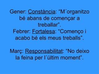 Gener:  Constància : “M´organitzo bé abans de començar a treballar”. Febrer:  Fortalesa : “Començo i acabo bé els meus treballs”. Març:  Responsabilitat : “No deixo la feina per l´últim moment”. 