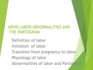 ABOR,LABOR ABNORMALITIES AND 
THE PARTOGRAM 
Definition of labor 
Initiation of labor 
Transition from pregnancy to labor 
Physiology of labor 
Abnormalities of labor and Partogram 
 