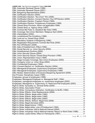 LABOR LAW – Bar Q & A (as arranged by Topics) 1994-2006
Page 4 of 108
CBA; Automatic Renewal Clause (1999)................................................................................23
CBA; Automatic Renewal Clause (2001)................................................................................23
CBA; Bargaining Representative (2000).................................................................................23
CBA; Certification Election (2005)............................................................................................23
CBA; Certification Election; “No-Union" Win (2006)..............................................................24
CBA; Certification Election; Consent Election; Run-Off Election (2000) ...........................24
CBA; Certification Election; Freedom Period (1999).............................................................24
CBA; Certification Election; Probationary Employees (1999)..............................................24
CBA; Closed Shop Provision; When not applicable (1999).................................................25
CBA; Closed Shop vs. Agency Shop (1997)..........................................................................25
CBA; Contract Bar Rule vs. Deadlock Bar Rule (1999)........................................................25
CBA; Coverage; Non-Union Members; Religious Sect (2005)............................................25
CBA; interpretation (2004).........................................................................................................26
CBA; Jurisdictional Pre-Conditions (1996) .............................................................................26
CBA; Lock-out vs. Closed Shop (2004) ..................................................................................26
CBA; Mandatory Subjects of Bargaining (1996)....................................................................26
CBA; Registration Requirement; Contract Bar-Rule (2000) ................................................27
CBA; Run-Off Election (2006)...................................................................................................27
CBA; Sale of Establishment; Effect (1994).............................................................................27
CBA; Social Security vs. Union Security (2004) ....................................................................27
CBA; Substitutionary Doctrine (2000)......................................................................................27
CBA; Union Security Clause (2004) ........................................................................................28
CBA; Union Security Clause; Closed Shop Provision (1995)..............................................28
CBA; Union; Representation Issue (1999)..............................................................................28
CBA; Wage Increase Coverage; Non-Union Employees (2005) ........................................29
CBU; Company Union vs. Union Shop (2004).......................................................................29
CBU; Confidential Employees (1994)......................................................................................29
CBU; Consent Election vs. Certification Election (2004)......................................................30
CBU; Managerial Employees; Supervisory Employees (1995)...........................................30
CBU; Managerial Employees; Supervisory Employees (1999)...........................................30
CBU; Modes; Determination of Exclusive Bargaining Agreement (2006) .........................31
Due Process; Disciplinary Cases (1995) ................................................................................31
Employees; groups of employees (1996) ...............................................................................32
Employees; Managerial Employee vs. Managerial Staff (1994) ........................................32
Employees; managerial employees vs. supervisory employees (2002)............................32
Employees; Managerial vs. Supervisory vs. Rank-and-File Employees (2003)...............32
Right to Strike: Sympathy vs. General Strike (2004) ............................................................33
Right to Strike; Assumption Power ..........................................................................................33
Right to Strike; Compulsory Arbitration; Certification to NLRC (1995)...............................34
Right to Strike; Effects; Hired Replacements (2006) ............................................................34
Right to Strike; Effects; illegal strike (1995)............................................................................34
Right to Strike; Effects; illegal strike (1995)............................................................................34
Right to Strike; Effects; illegal strike (2000)............................................................................34
Right to Strike; Effects; Strikers’ illegal Acts (2006)..............................................................34
Right to Strike; illegal dismissal (2003) ...................................................................................34
Right to Strike; illegal lockout (1995)......................................................................................35
Right to Strike; illegal strike; Loss of Employment (1994)....................................................35
Right to Strike; Industries Vital to National Interest (2004) ..................................................36
Right to Strike; Industries Vital to National Interest; Return to Work Order (1996)..........36
Right to Strike; Lawful Strike; Effect on Participants (1997) ................................................37
 