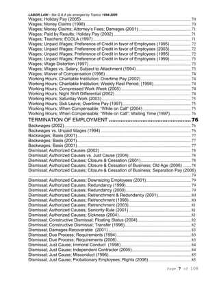 LABOR LAW – Bar Q & A (as arranged by Topics) 1994-2006
Page 7 of 108
Wages; Holiday Pay (2005) ......................................................................................................70
Wages; Money Claims (1998) ..................................................................................................70
Wages; Money Claims; Attorney’s Fees; Damages (2001).................................................71
Wages; Paid by Results; Holiday Pay (2002) ........................................................................71
Wages; Teachers; ECOLA (1997) ...........................................................................................71
Wages; Unpaid Wages; Preference of Credit in favor of Employees (1995)....................72
Wages; Unpaid Wages; Preference of Credit in favor of Employees (2003)....................72
Wages; Unpaid Wages; Preference of Credit in favor of Employees (1995)....................72
Wages; Unpaid Wages; Preference of Credit in favor of Employees (1999)....................73
Wages; Wage Distortion (1997) ...............................................................................................73
Wages; Wages vs. Salary; Subject to Attachment (1994) ...................................................73
Wages; Waiver of Compensation (1996)................................................................................74
Working Hours; Charitable Institution; Overtime Pay (2002)...............................................74
Working Hours; Charitable Institution; Weekly Rest Period; (1998)...................................74
Working Hours; Compressed Work Week (2005) .................................................................74
Working Hours; Night Shift Differential (2002).......................................................................74
Working Hours; Saturday Work (2003) ...................................................................................75
Working Hours; Sick Leave; Overtime Pay (1997)................................................................75
Working Hours; When Compensable; “While on Call” (2004).............................................75
Working Hours; When Compensable; “While on Call”; Waiting Time (1997)....................76
TERMINATION OF EMPLOYMENT .................................................76
Backwages (2002)......................................................................................................................76
Backwages vs. Unpaid Wages (1994) ....................................................................................76
Backwages; Basis (2001)..........................................................................................................77
Backwages; Basis (2001)..........................................................................................................77
Backwages; Basis (2001)..........................................................................................................77
Dismissal; Authorized Causes (2002) .....................................................................................78
Dismissal; Authorized Causes vs. Just Cause (2004)..........................................................78
Dismissal; Authorized Causes; Closure & Cessation (2001)...............................................78
Dismissal; Authorized Causes; Closure & Cessation of Business; Old Age (2006) ........78
Dismissal; Authorized Causes; Closure & Cessation of Business; Separation Pay (2006)
.......................................................................................................................................................79
Dismissal; Authorized Causes; Downsizing Employees (2001)..........................................79
Dismissal; Authorized Causes; Redundancy (1999).............................................................79
Dismissal; Authorized Causes; Redundancy (2000).............................................................79
Dismissal; Authorized Causes; Retrenchment & Redundancy (2001)...............................80
Dismissal; Authorized Causes; Retrenchment (1998)..........................................................80
Dismissal; Authorized Causes; Retrenchment (2003)..........................................................81
Dismissal; Authorized Causes; Seniority Rule (2001) ..........................................................81
Dismissal; Authorized Causes; Sickness (2004)...................................................................81
Dismissal; Constructive Dismissal; Floating Status (2004)..................................................82
Dismissal; Constructive Dismissal; Transfer (1996)..............................................................82
Dismissal; Damages Recoverable (2001) .............................................................................83
Dismissal; Due Process; Requirements (1994).....................................................................83
Dismissal; Due Process; Requirements (2006).....................................................................83
Dismissal; Just Cause; Immoral Conduct (1996) .................................................................84
Dismissal; Just Cause; Independent Contractor (2005).......................................................84
Dismissal; Just Cause; Misconduct (1996).............................................................................85
Dismissal; Just Cause; Probationary Employees; Rights (2006)........................................85
 