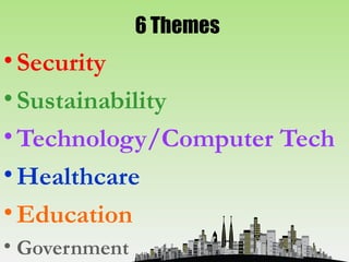 6 Themes
• Security
• Sustainability
• Technology/Computer Tech
• Healthcare
• Education
• Government
 