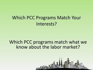 Which PCC Programs Match Your
           Interests?


Which PCC programs match what we
  know about the labor market?
 