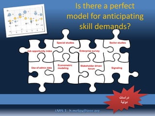 Is there a perfect
model for anticipating
skill demands?
Econometric
modeling
Job opportunity index Enterprise survey
SignalingUse of admin data
Special studies Sector studies
Stakeholder driven
forum
‫دراسات‬
‫دولية‬
 
