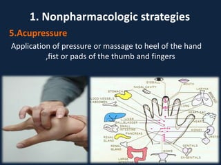 5.Acupressure
Application of pressure or massage to heel of the hand
,fist or pads of the thumb and fingers
1. Nonpharmacologic strategies
 