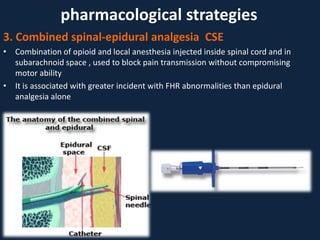 3. Combined spinal-epidural analgesia CSE
• Combination of opioid and local anesthesia injected inside spinal cord and in
subarachnoid space , used to block pain transmission without compromising
motor ability
• It is associated with greater incident with FHR abnormalities than epidural
analgesia alone
pharmacological strategies
 