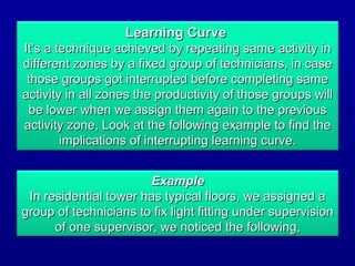 Learning CurveLearning Curve
It’s a technique achieved by repeating same activity inIt’s a technique achieved by repeating same activity in
different zones by a fixed group of technicians, in casedifferent zones by a fixed group of technicians, in case
those groups got interrupted before completing samethose groups got interrupted before completing same
activity in all zones the productivity of those groups willactivity in all zones the productivity of those groups will
be lower when we assign them again to the previousbe lower when we assign them again to the previous
activity zone, Look at the following example to find theactivity zone, Look at the following example to find the
implications of interrupting learning curve.implications of interrupting learning curve.
ExampleExample
In residential tower has typical floors, we assigned aIn residential tower has typical floors, we assigned a
group of technicians to fix light fitting under supervisiongroup of technicians to fix light fitting under supervision
of one supervisor, we noticed the following,of one supervisor, we noticed the following,
 