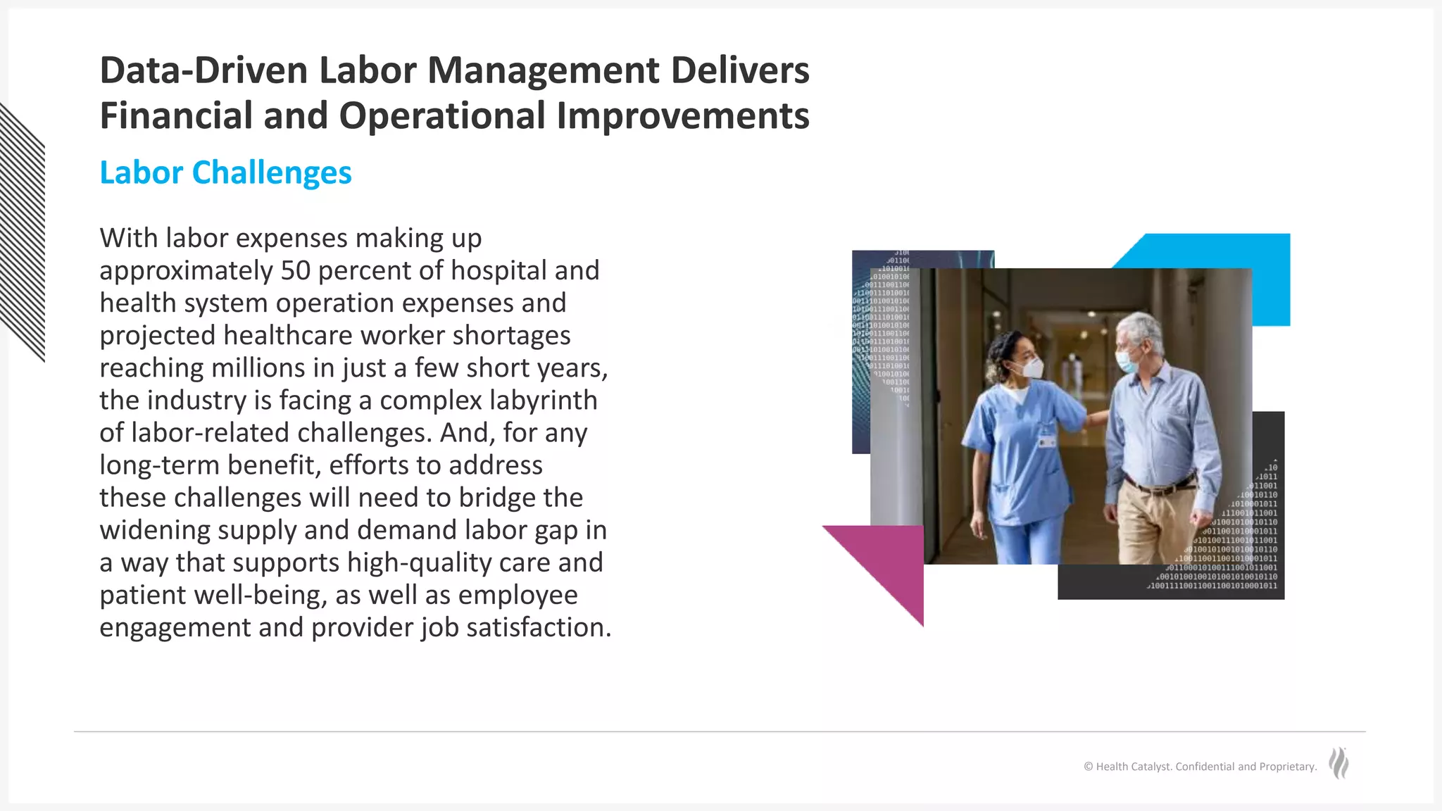 © Health Catalyst. Confidential and Proprietary.
Data-Driven Labor Management Delivers
Financial and Operational Improvements
With labor expenses making up
approximately 50 percent of hospital and
health system operation expenses and
projected healthcare worker shortages
reaching millions in just a few short years,
the industry is facing a complex labyrinth
of labor-related challenges. And, for any
long-term benefit, efforts to address
these challenges will need to bridge the
widening supply and demand labor gap in
a way that supports high-quality care and
patient well-being, as well as employee
engagement and provider job satisfaction.
Labor Challenges
 