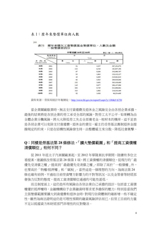4
表 1：歷年來墊償單位與人數
資料來源：勞保局統計年報網址：http://www.bli.gov.tw/reportY.aspx?y=100&f=h750
當企業關廠歇業時，無法支付資遣費及退休金之風險完全由各別企業承擔，
最後的結果將是各別企業的勞工承受全部的風險，對勞工太不公平。如果轉為由
全體企業分攤風險，將大大降低勞工失去全部養老金、棺材本的機率。這不並表
是各別企業可以免除支付資遣費、退休金的責任，雇主仍受勞基法舊制退休金提
撥規定的約束，只是在結構性風險發生時，由整體雇主來分散、降低社會衝擊。
Q：同樣是勞基法第 28 條修法，「擴大墊償範圍」和「提高工資債權
清償順位」有何不同？
從 2011 年底太子汽車關廠案起，至 2012 年華隆案抗爭期間，陸續有多位立
委提案，建議修改勞基法第 28 條第 1 項，將工資債權的清償順位，從現行的「最
優先受清償之權」，提高到「最最優先受清償之權」，即除了高於「一般債權」外，
也要高於「物權/抵押權」和「賦稅」。當然這是一個理想的方向，海商法第 24
條也確有前例，不過依目前勞資雙方影響力的不對等狀況，以及金管會等財經部
會強力反對的態度，提高工資清償順位通過的可能性甚低。
而且制度面上，這仍是所有風險由各別企業自己承擔的設計，包括當工資債
權優於抵押權時，金融機構給予企業融資時要求更多擔保的壓力；特別是當我們
主張墊償範圍要擴大到資遣費和退休金時，對現行信貸體制的確新增一些不確定
性，雖然海商法證明這仍是可理性預期的融資風險評估而已，但勞工目前的力量
不足以抵擋資方和財經部門非理性的反對聲浪。
 