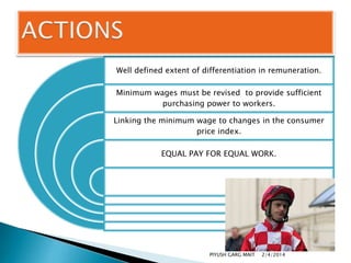 Well defined extent of differentiation in remuneration.
Minimum wages must be revised to provide sufficient
purchasing power to workers.
Linking the minimum wage to changes in the consumer
price index.
EQUAL PAY FOR EQUAL WORK.

PIYUSH GARG MAIT

2/4/2014

 