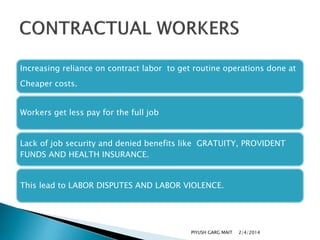 Increasing reliance on contract labor to get routine operations done at
Cheaper costs.
Workers get less pay for the full job

Lack of job security and denied benefits like GRATUITY, PROVIDENT
FUNDS AND HEALTH INSURANCE.

This lead to LABOR DISPUTES AND LABOR VIOLENCE.

PIYUSH GARG MAIT

2/4/2014

 