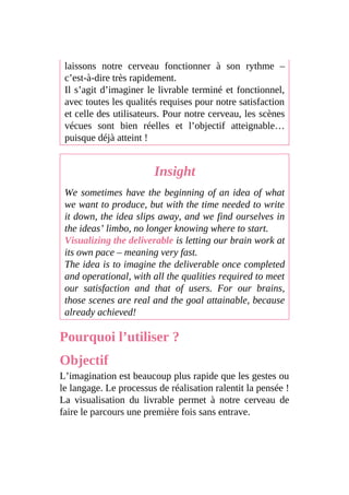 laissons notre cerveau fonctionner à son rythme –
c’est-à-dire très rapidement.
Il s’agit d’imaginer le livrable terminé et fonctionnel,
avec toutes les qualités requises pour notre satisfaction
et celle des utilisateurs. Pour notre cerveau, les scènes
vécues sont bien réelles et l’objectif atteignable…
puisque déjà atteint !
Insight
We sometimes have the beginning of an idea of what
we want to produce, but with the time needed to write
it down, the idea slips away, and we find ourselves in
the ideas’ limbo, no longer knowing where to start.
Visualizing the deliverable is letting our brain work at
its own pace – meaning very fast.
The idea is to imagine the deliverable once completed
and operational, with all the qualities required to meet
our satisfaction and that of users. For our brains,
those scenes are real and the goal attainable, because
already achieved!
Pourquoi l’utiliser ?
Objectif
L’imagination est beaucoup plus rapide que les gestes ou
le langage. Le processus de réalisation ralentit la pensée !
La visualisation du livrable permet à notre cerveau de
faire le parcours une première fois sans entrave.
 