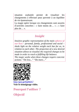 situation souhaitée permet de visualiser les
changements à effectuer pour parvenir à un équilibre
de vie épanouissant.
La magie opère lorsque ces changements sont assortis
d’activités concrètes : « faire moins de… » ; « faire
plus de… ».
Insight
Intuitive graphic representation of the main spheres of
our lives - personal, family, professional and social –
sheds light on the relative weight each has for us, in
relation to each other. The projection of a new desired
situation allows to visualize the required changes to be
made in order to reach a fulfilling life balance.
The magic works when these changes require concrete
actions: “Do less...” “Do more...”
http://goo.gl/PgMdA7
Voir le témoignage vidéo.
Pourquoi l’utiliser ?
Objectif
 