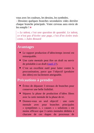 vous avec les couleurs, les dessins, les symboles.
› Dessinez quelques branches secondaires vides derrière
chaque branche principale. Votre cerveau aura envie de
les remplir ! ■
« Le talent, c’est une question de quantité. Le talent,
ce n’est pas d’écrire une page, c’est d’en écrire trois
cents. » Jules Renard
Avantages
Le rapport production d’idées/temps investi est
remarquable.
Une carte mentale peut être un draft ou servir
de préalable à un draft (outil 27).
C’est un excellent outil pour lutter contre la
procrastination, parce que l’objectif (produire
des idées) est facilement atteignable.
Précautions à prendre
Évitez de dépasser 3 niveaux de branches pour
conserver une belle lisibilité.
Séparez la phase de production d’idées libres
avec la carte mentale de la phase de tri.
Donnez-vous un seul objectif : une carte
mentale avec pour branches principales
« symptômes », « causes » « solutions » est
moins efficace que 3 cartes mentales dédiées à
chacune de ces étapes du processus de
 