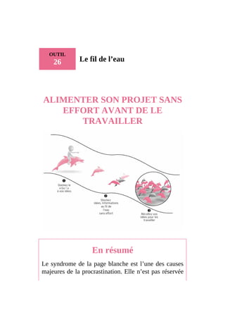 OUTIL
26 Le fil de l’eau
ALIMENTER SON PROJET SANS
EFFORT AVANT DE LE
TRAVAILLER
En résumé
Le syndrome de la page blanche est l’une des causes
majeures de la procrastination. Elle n’est pas réservée
 