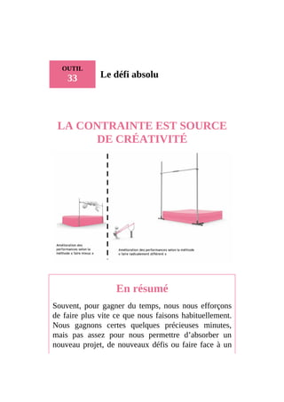 OUTIL
33 Le défi absolu
LA CONTRAINTE EST SOURCE
DE CRÉATIVITÉ
En résumé
Souvent, pour gagner du temps, nous nous efforçons
de faire plus vite ce que nous faisons habituellement.
Nous gagnons certes quelques précieuses minutes,
mais pas assez pour nous permettre d’absorber un
nouveau projet, de nouveaux défis ou faire face à un
 