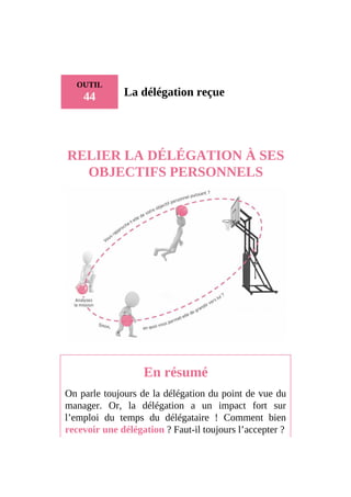 OUTIL
44 La délégation reçue
RELIER LA DÉLÉGATION À SES
OBJECTIFS PERSONNELS
En résumé
On parle toujours de la délégation du point de vue du
manager. Or, la délégation a un impact fort sur
l’emploi du temps du délégataire ! Comment bien
recevoir une délégation ? Faut-il toujours l’accepter ?
 