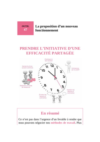 OUTIL
47
La proposition d’un nouveau
fonctionnement
PRENDRE L’INITIATIVE D’UNE
EFFICACITÉ PARTAGÉE
En résumé
Ce n’est pas dans l’urgence d’un livrable à rendre que
nous pouvons négocier nos méthodes de travail. Plus
 